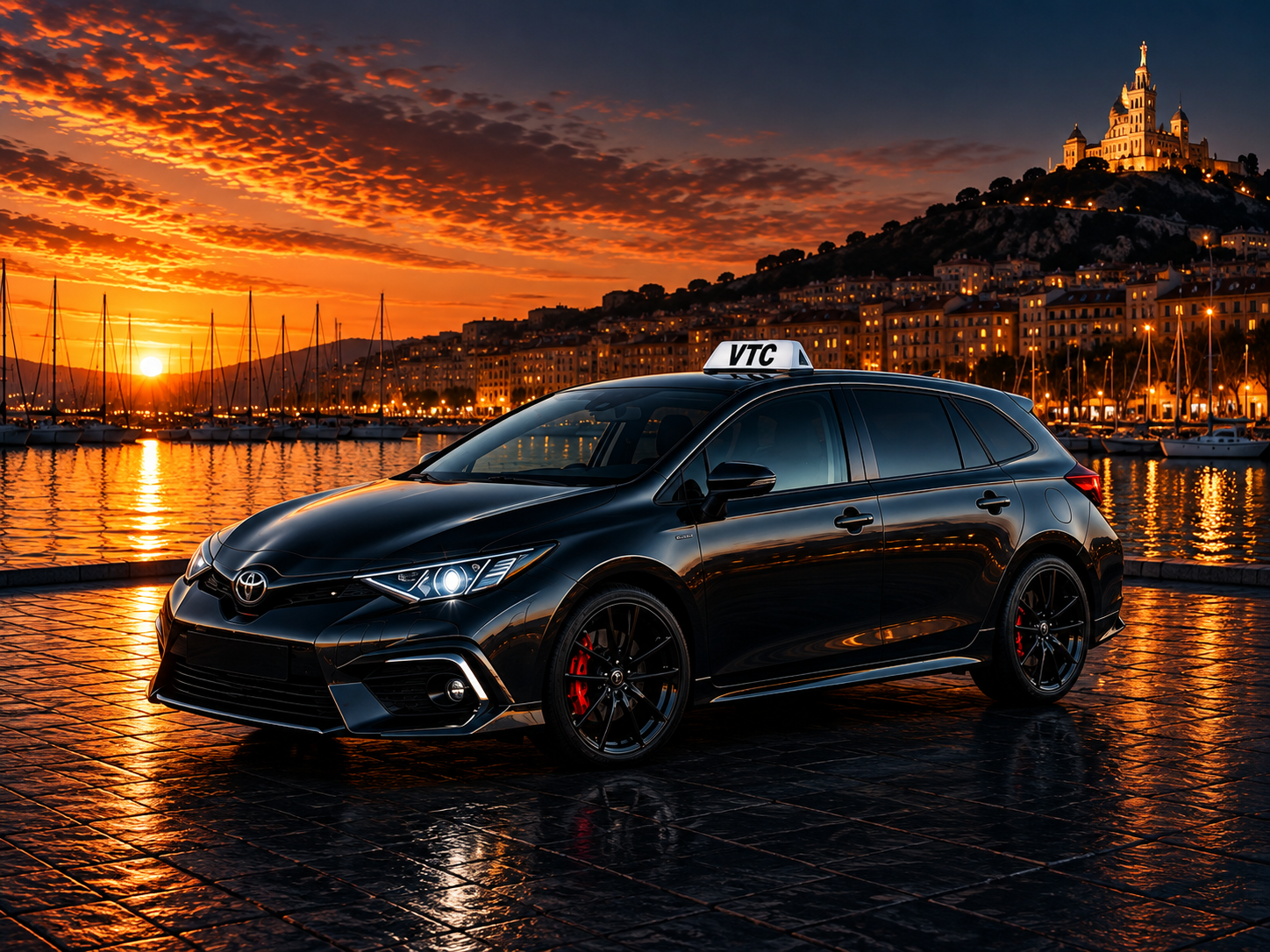 Toyota Auris Sport VTC devant le Vieux-Port de Marseille